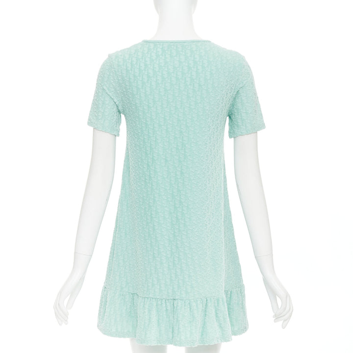 CHRISTIAN DIOR KIDS turquoise cotton velour monogram frill mini dress Yr12