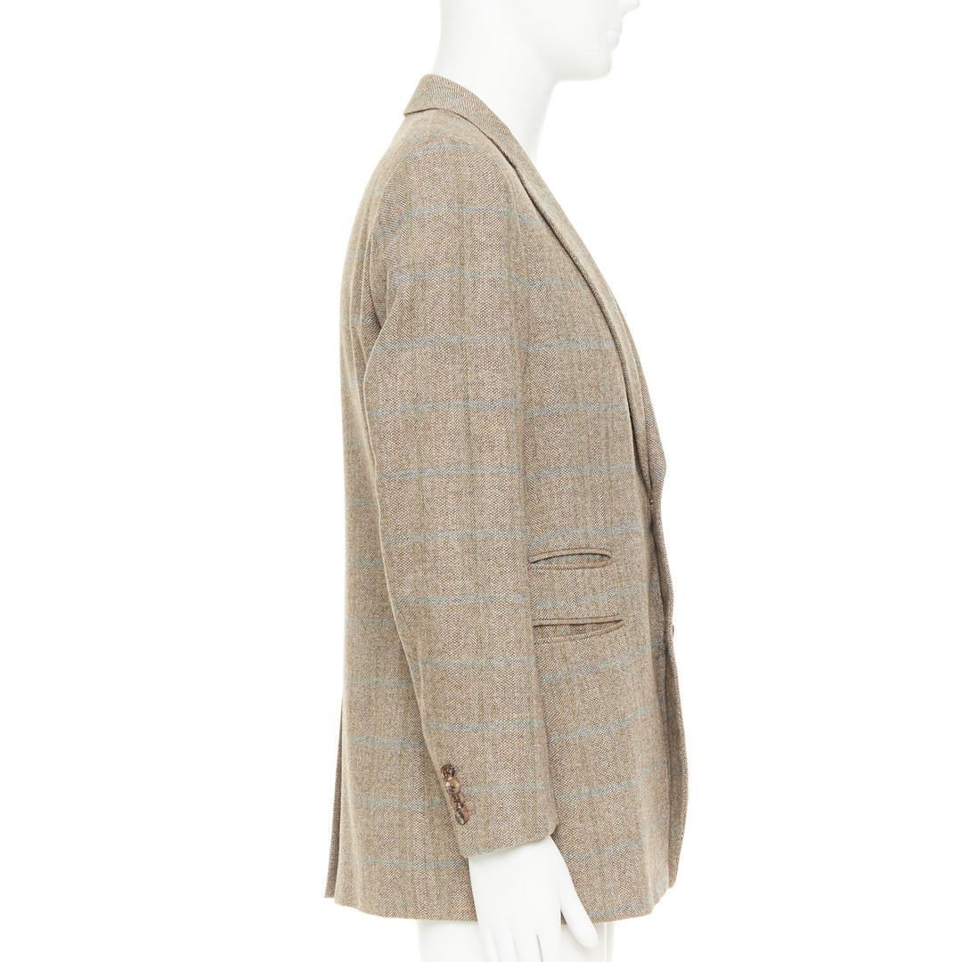 HERMES brown blue wool mohair cashmere checked full canvas blazer EU50 L