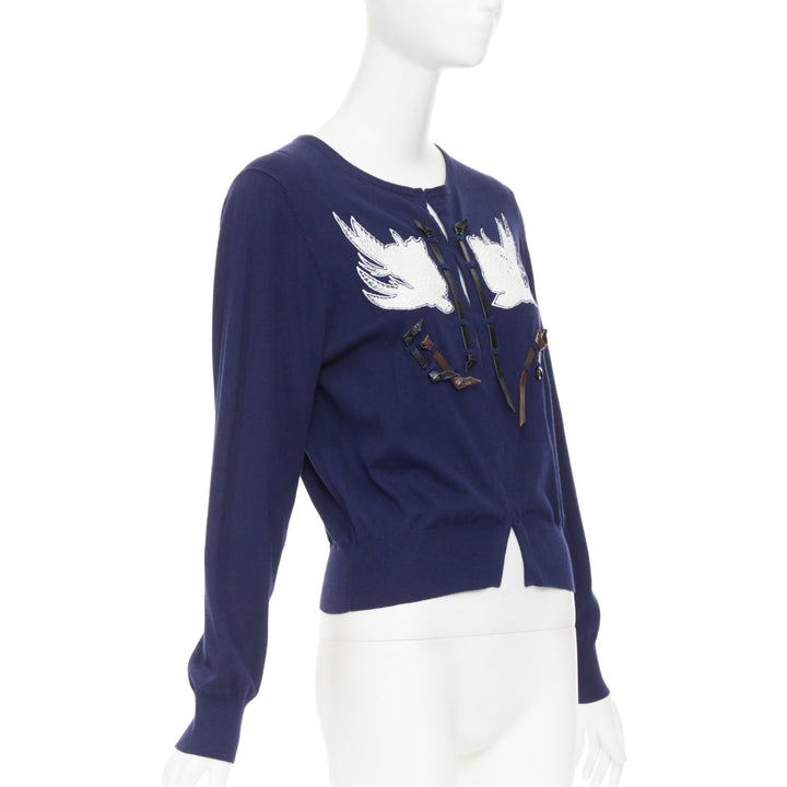 TOGA ARCHIVES PULLA Swallow Anglais navy cotton black leather cardigan IT40 S