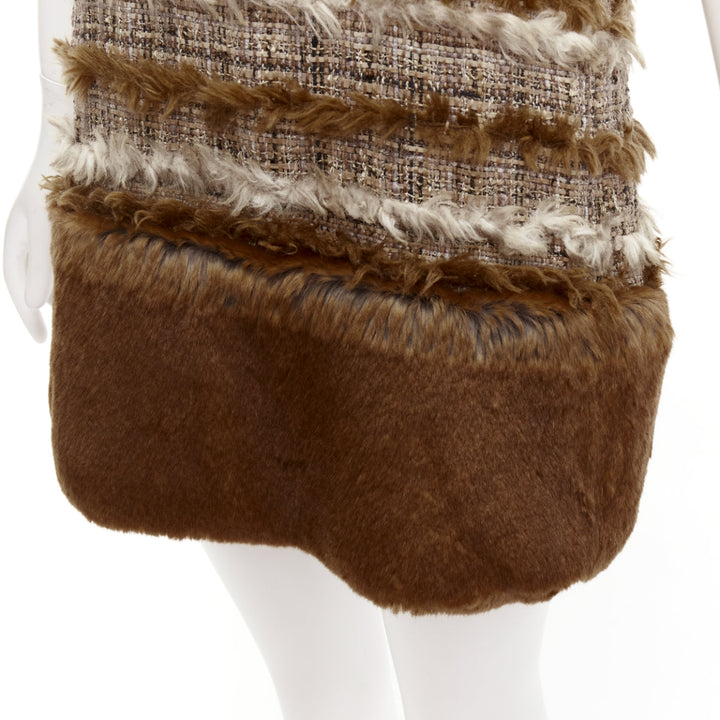 rare CHANEL 2010 brown Fantasy Tweed fluffy faux fur trim shift dress FR38 M