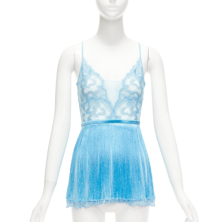 rare LA PERLA blue silk blend intricate lace fringe lingerie cami top US0 XS