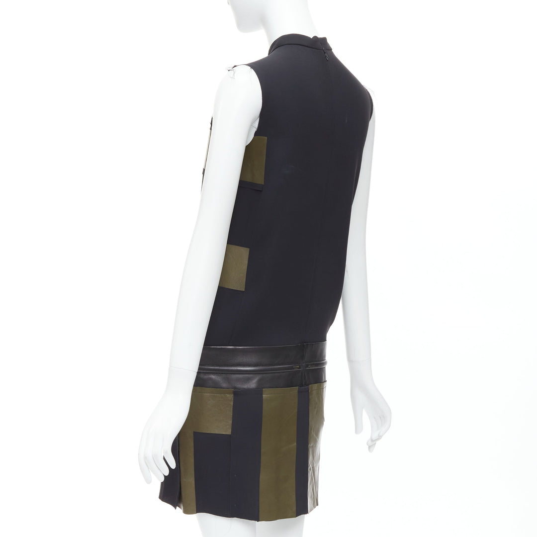 OLD CELINE Phoebe Philo khaki black leather silk stripe dress FR36 S