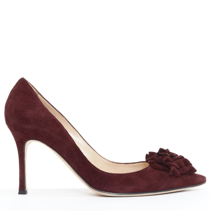 MANOLO BLAHNIK Lisa burgundy suede flower applique pumps EU39