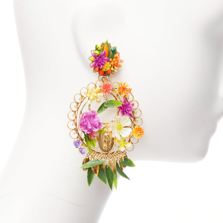 MERCEDES SALAZAR multicolour plastic flower gold rosary clip on earrings
