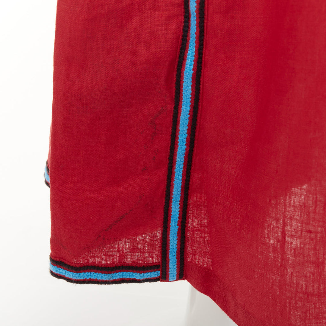 VITA KIN red linen blue folk ethnic embroidery boho peasant kaftan dress S/D