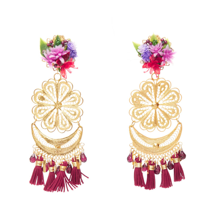 MERCEDES SALAZAR gold flower metal red tassel plastic clip earrings Pair