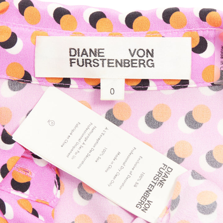 DIANE VON FURSTENBERG Georgia pink polka dot crepe de chine midi dress US0 XS