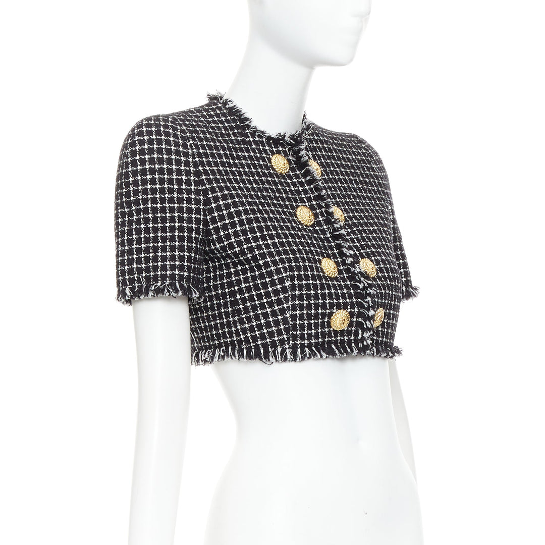 BALMAIN 2024 black white tweed lionhead buttons cropped jacket FR34 XS