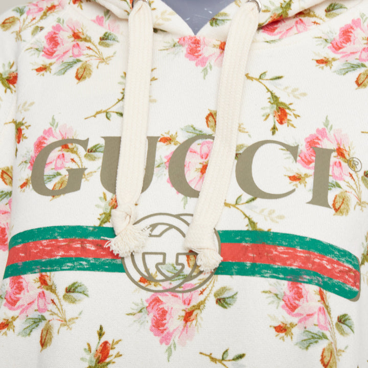 GUCCI 2017 ivory pink floral logo print jersey  hoodie XS