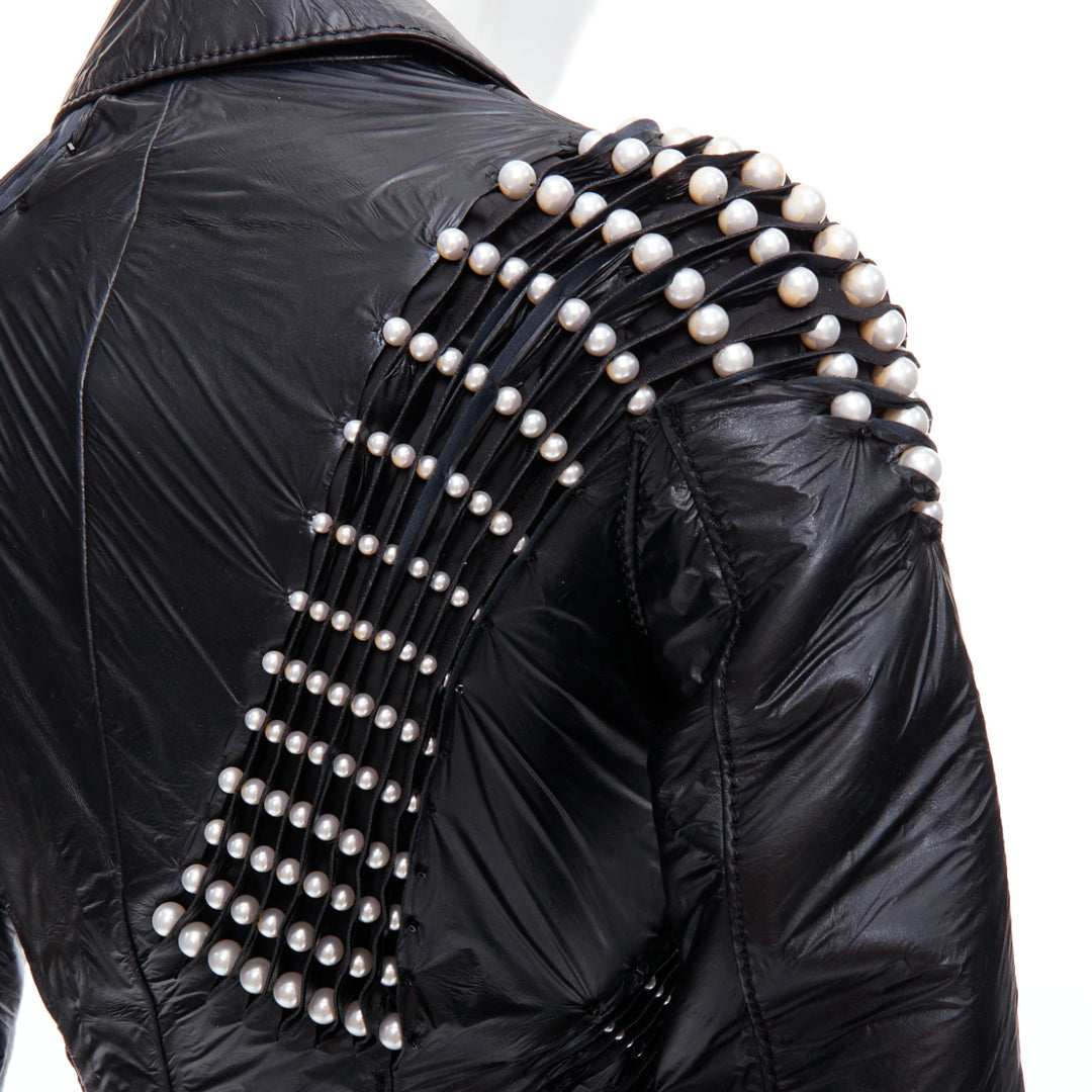 NOIR KEI NINOMIYA 2014 black faux leather pearl bead cropped jacket S