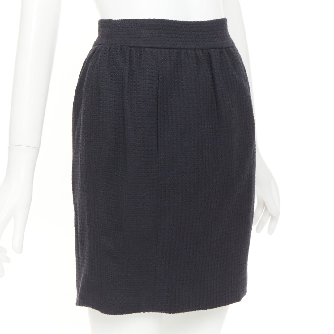 CHANEL 07C black cotton tweed ruched waist silk lined mini skirt FR36 S