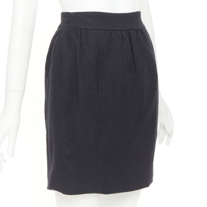 CHANEL 07C black cotton tweed ruched waist silk lined mini skirt FR36 S