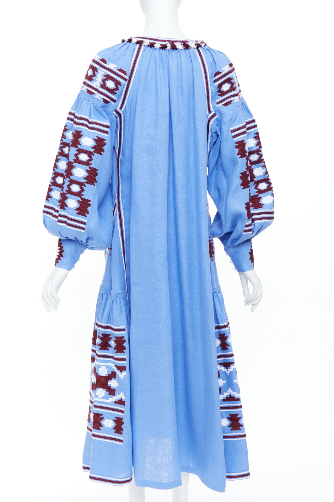 VITA KIN blue linen red folk ethnic embroidery boho peasant kaftan dress S/D