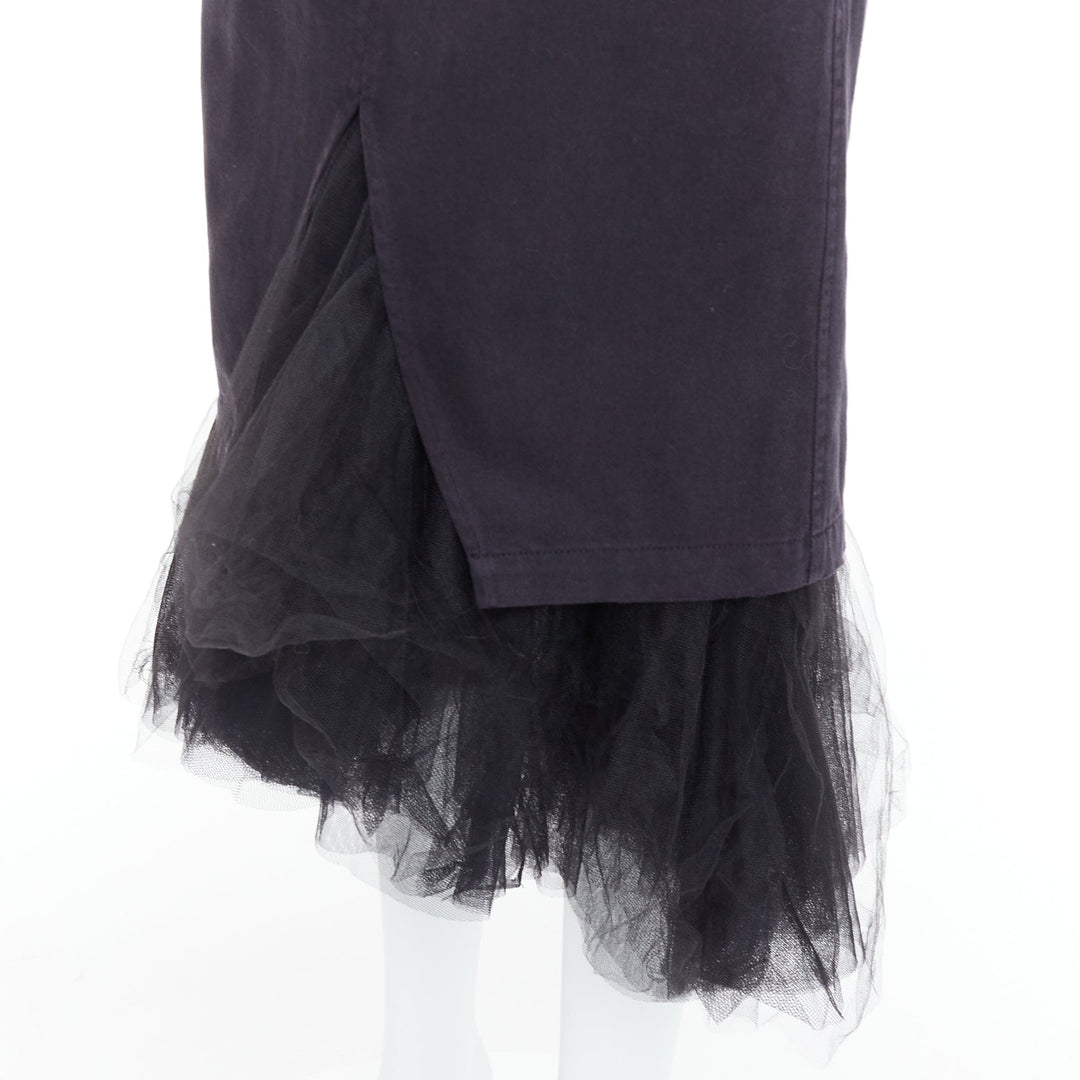 LE SUPERBE black denim tulle hem overlay crystal button midi skirt US0 XS