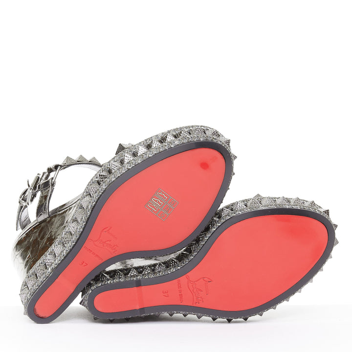 CHRISTIAN LOUBOUTIN Pyraclou 110 Anthracite silver studded espadrille wedge EU37