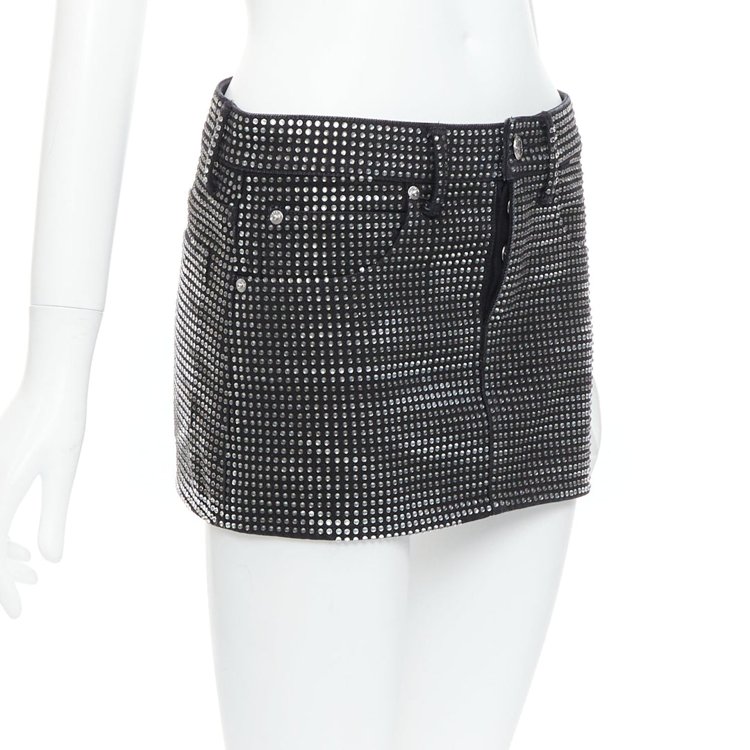 ALEXANDER WANG Hotfix black cotton allover crystal encrusted mini skirt 24"