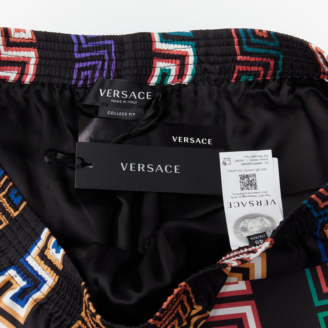 VERSACE 2021 Runway Neon Greca black college fit silk twill shorts IT48 M