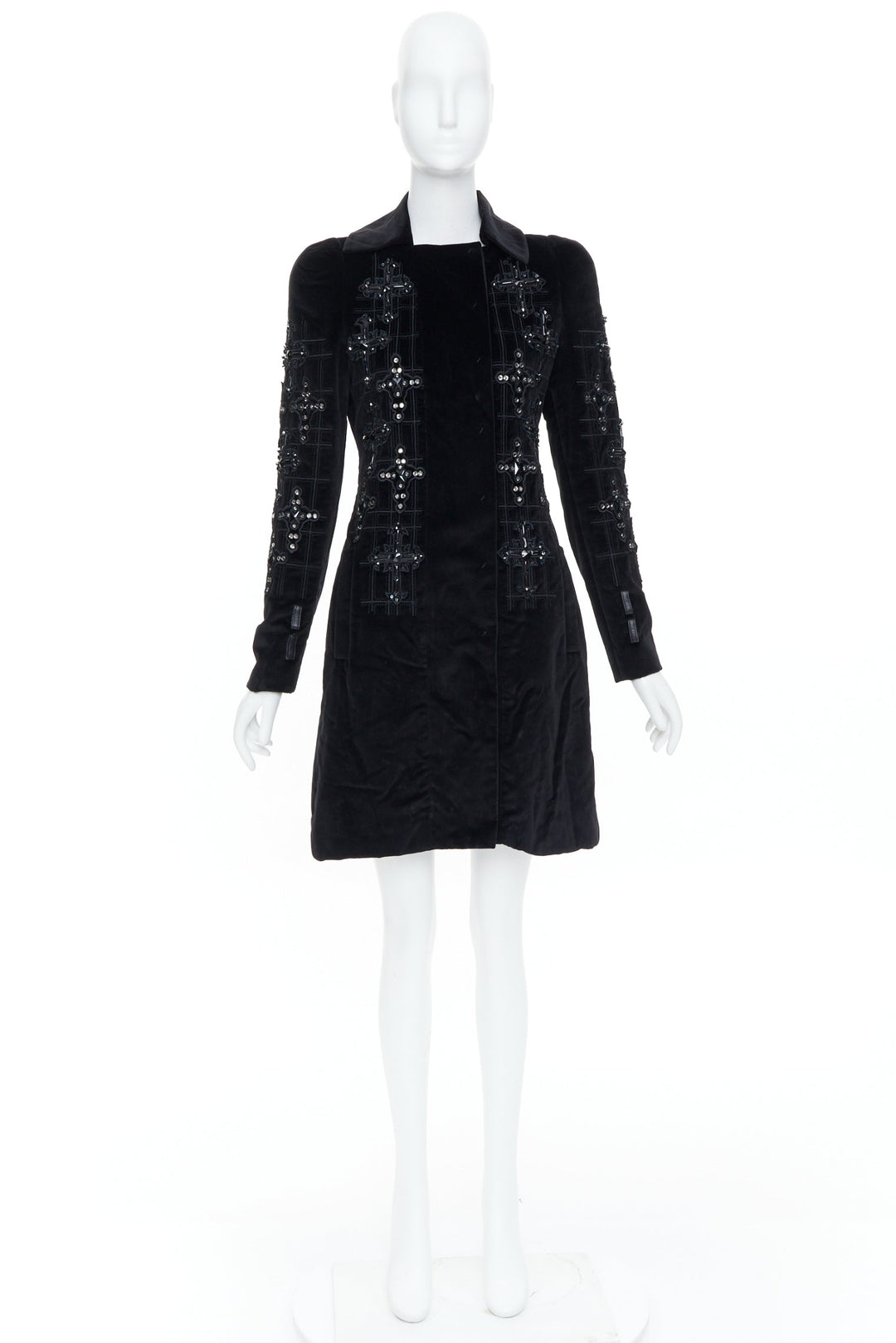 VERSACE 2012 runway black velvet gothic Byzantine cross flared zip coat IT38 XS