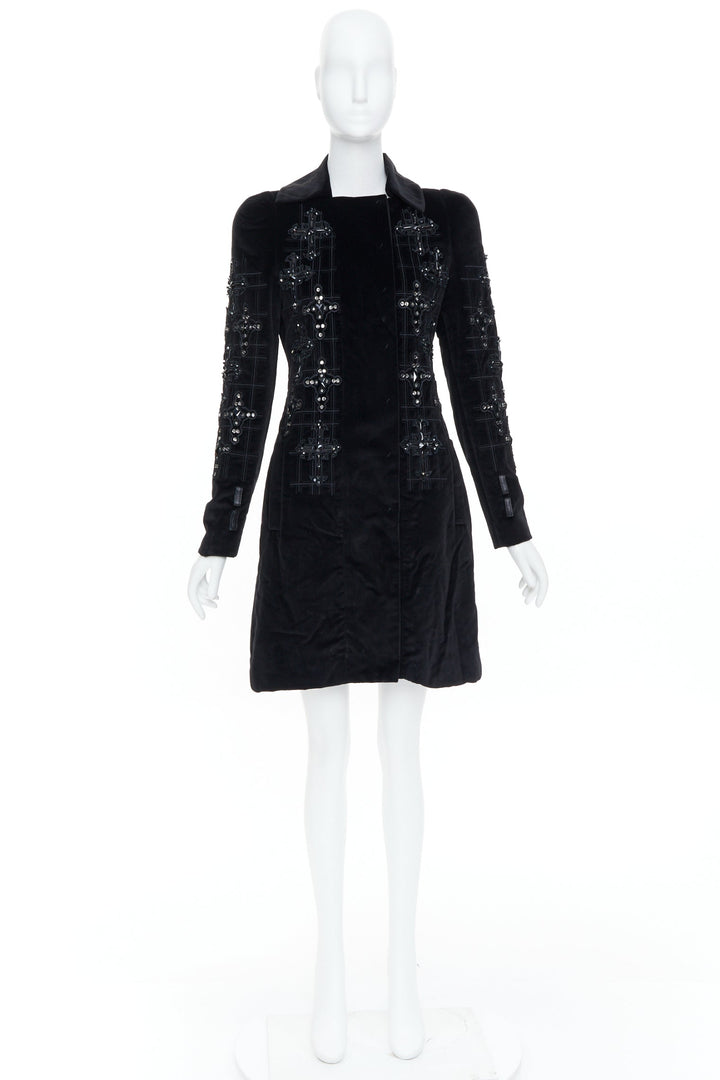 VERSACE 2012 runway black velvet gothic Byzantine cross flared zip coat IT38 XS