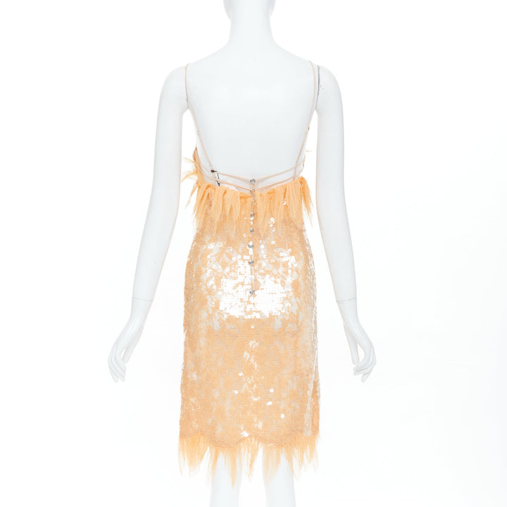 rare BOTTEGA VENETA 2022 Runway nude sequin nipple feather slip dress IT36 XXS