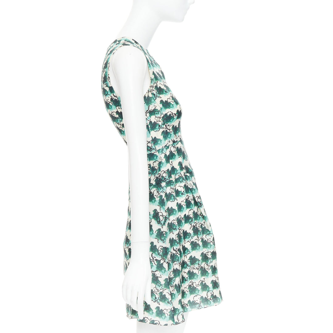 TANYA TAYLOR green cream silk abstract print sleeveless A-line dress US0 XS