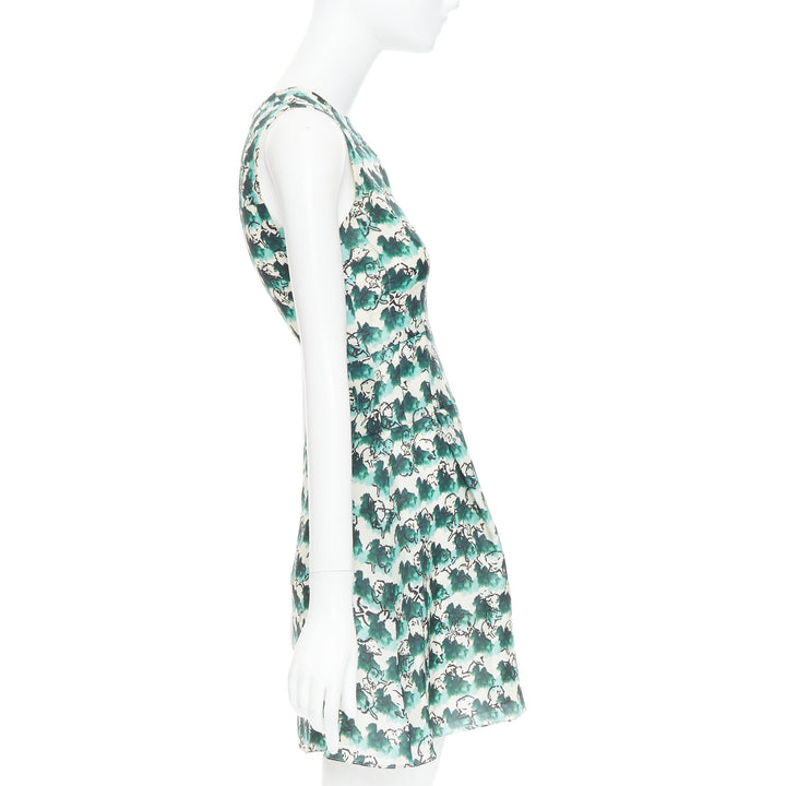 TANYA TAYLOR green cream silk abstract print sleeveless A-line dress US0 XS