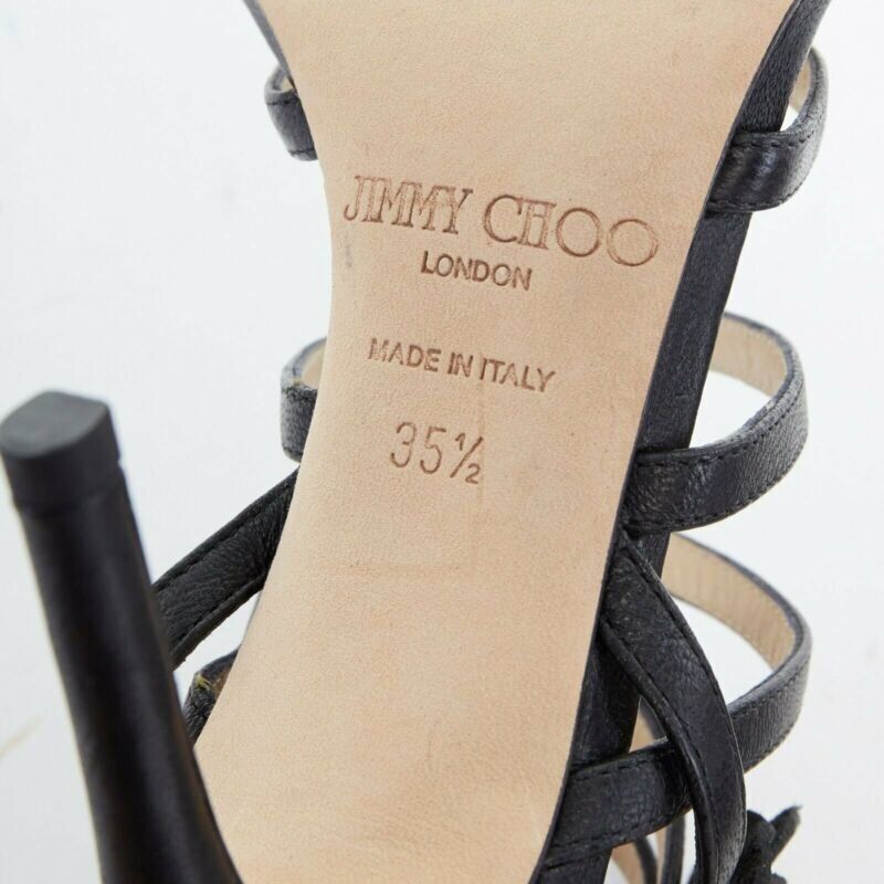 JIMMY CHOO black leather flower brooch caged strappy heel sandals EU35.5 US5.5