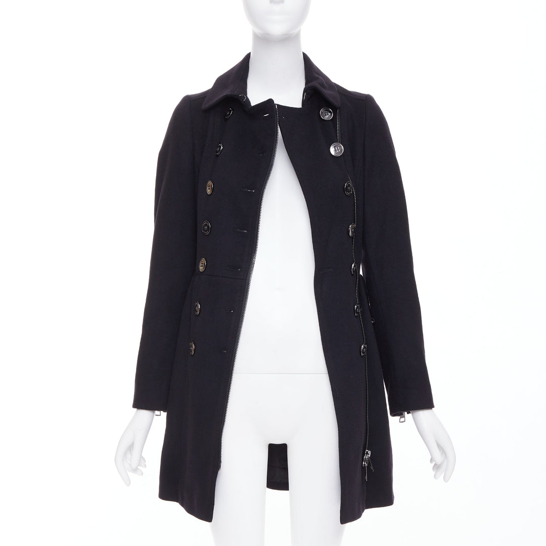 BURBERRY black virgin wool cashmere asymmetric zip belted trench coat UK4 XXS