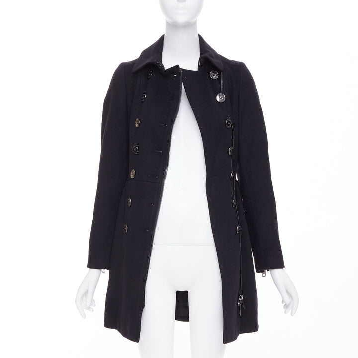 BURBERRY black virgin wool cashmere asymmetric zip belted trench coat UK4 XXS