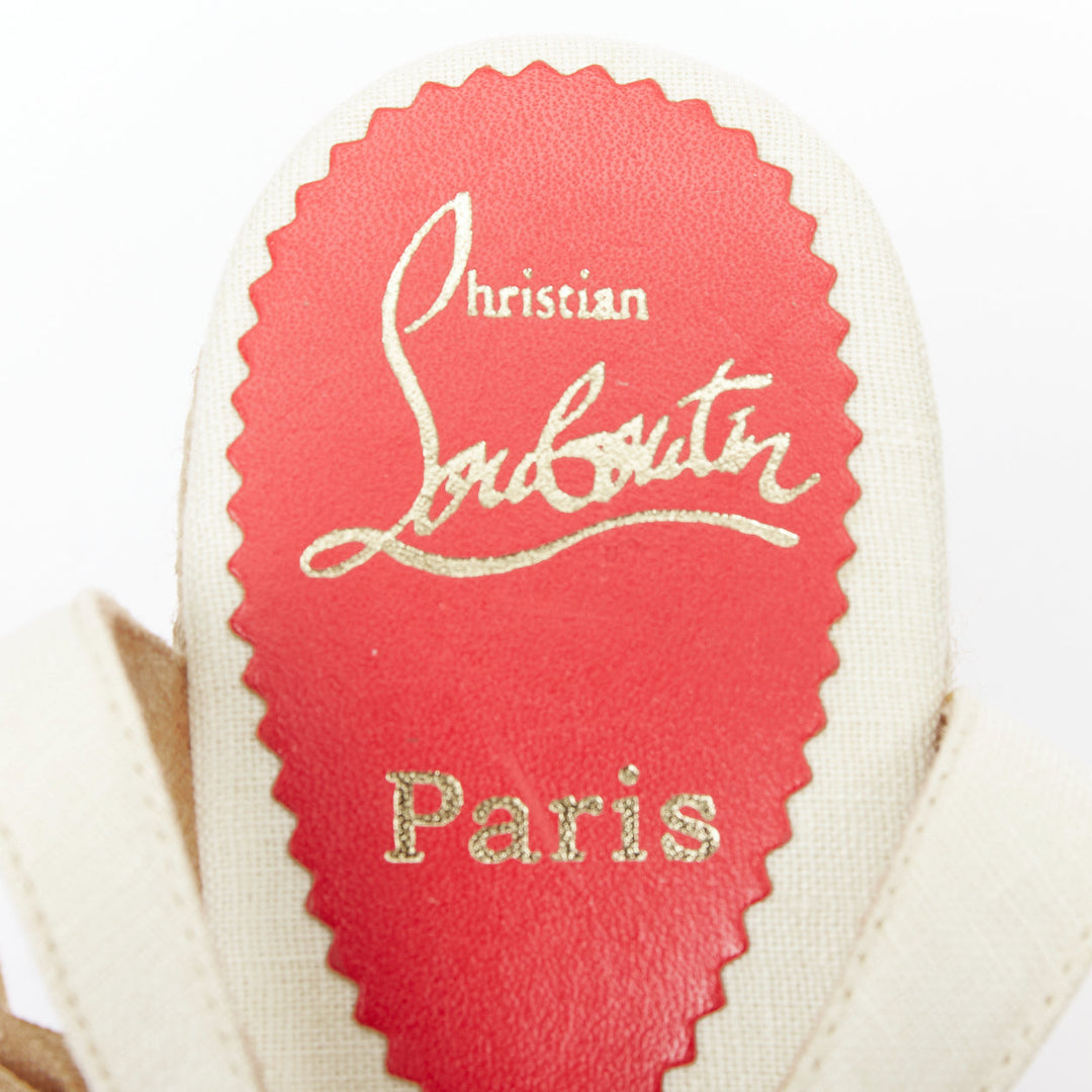 CHRISTIAN LOUBOUTIN Isabelle cream beige canvas jute bow tie wedges EU36