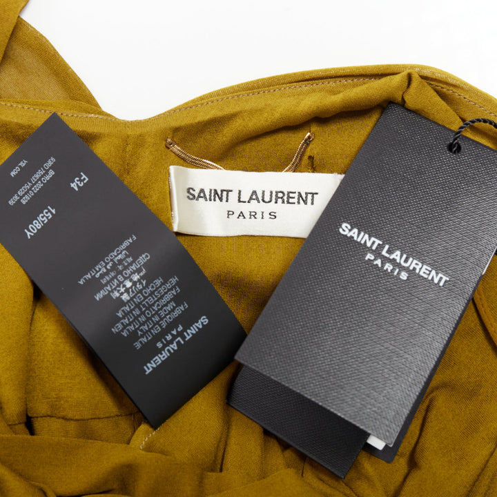 SAINT LAURENT 2023 Runway vert olive green hooded draped sheer dress FR34 XS