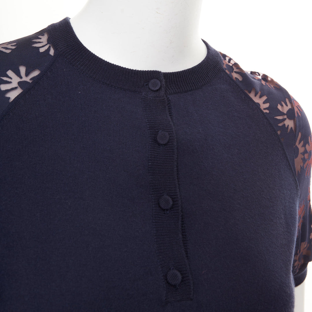 NINA RICCI navy viscose cotton sheer floral sleeve henley pullover sweater S