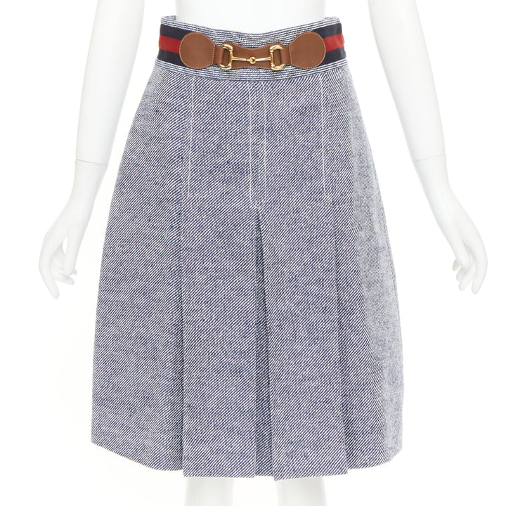 GUCCI blue cotton twill red Web Horsebit belt pleated midi skirt IT40 S
