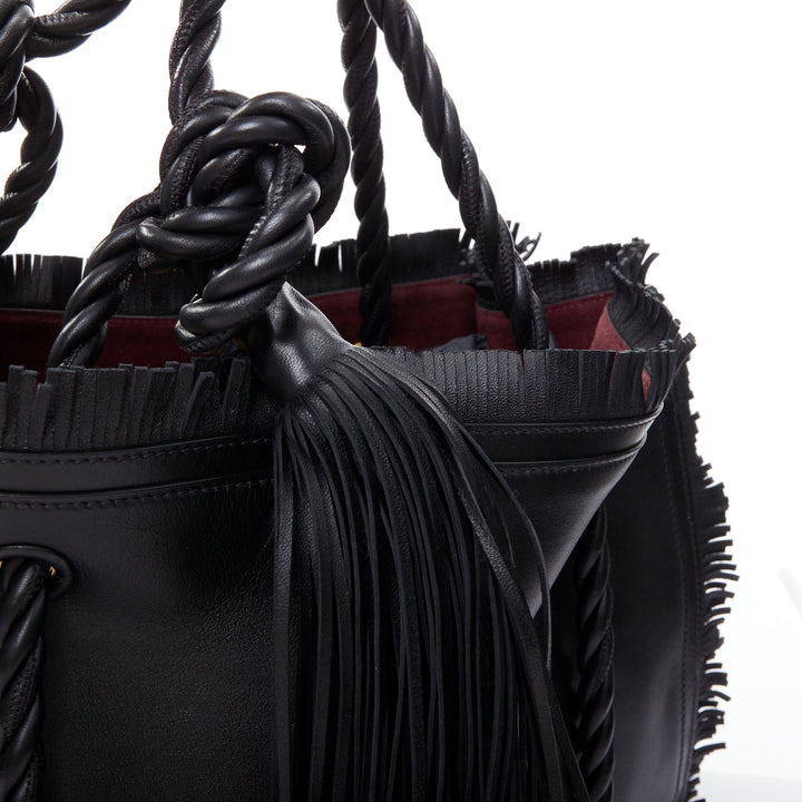VALENTINO The Rope black fringe leather braided rope handle large tote bag