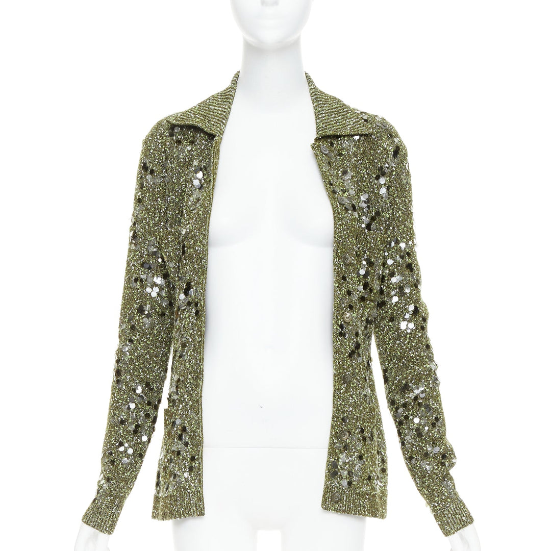 GUCCI De Sarno dark green boucle knit multi pailettes cardigan S