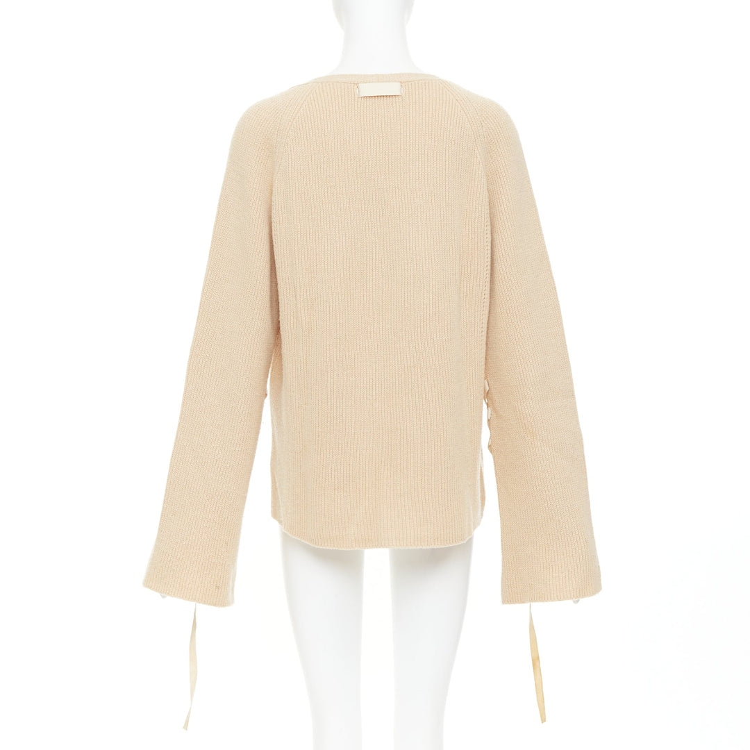 HELMUT LANG beige wool cashmere lace up sleeves relaxed oversized sweater M