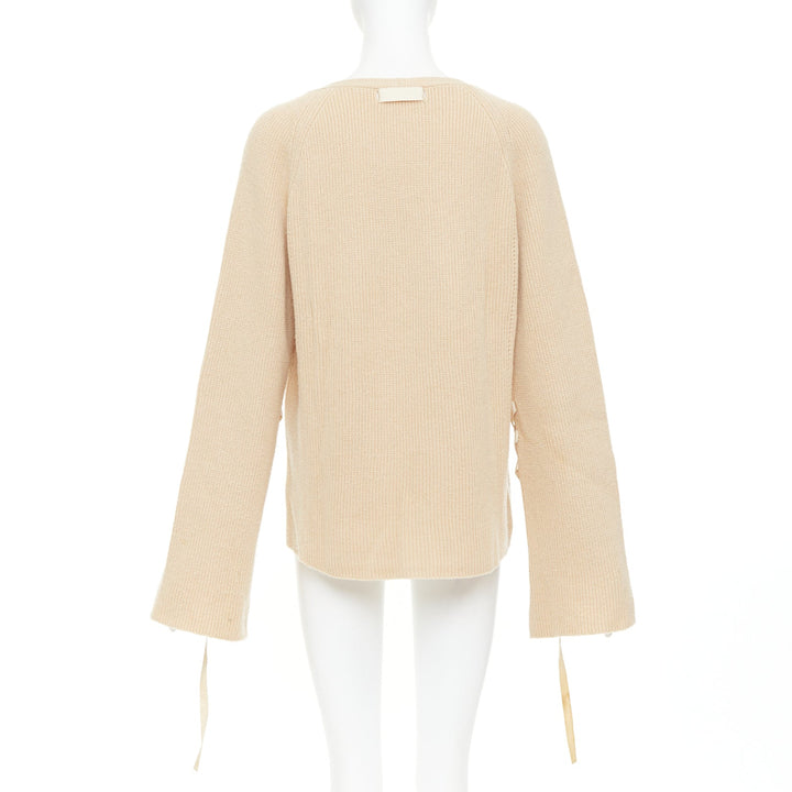 HELMUT LANG beige wool cashmere lace up sleeves relaxed oversized sweater M