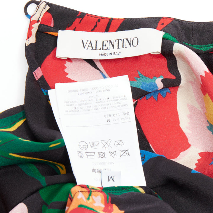 VALENTINO Tropical Couture 100% silk black parrot floral print crew top M