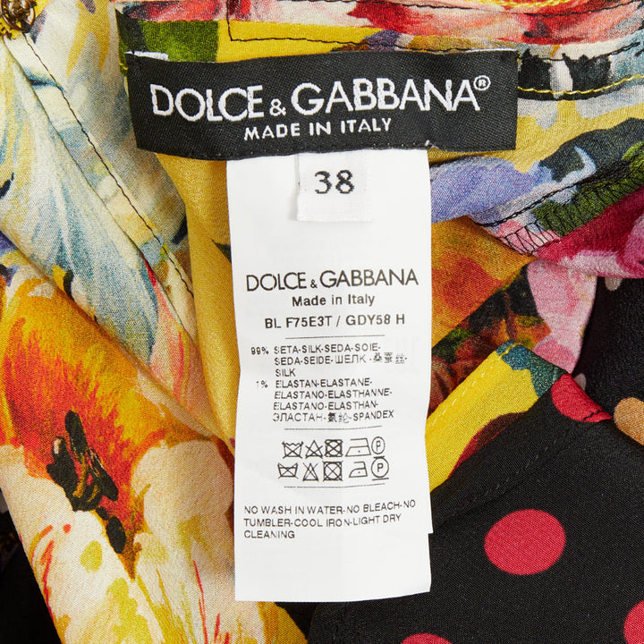 DOLCE GABBANA 2021 Runway patchwork floral pineapple polka dot silk top IT38 XS