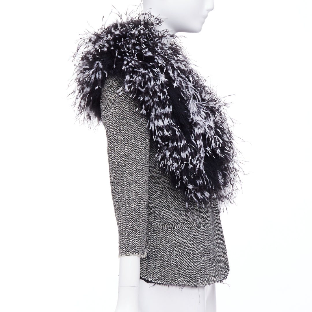 LIBERTINE handmade black white feather collar herringbone tweed jacket