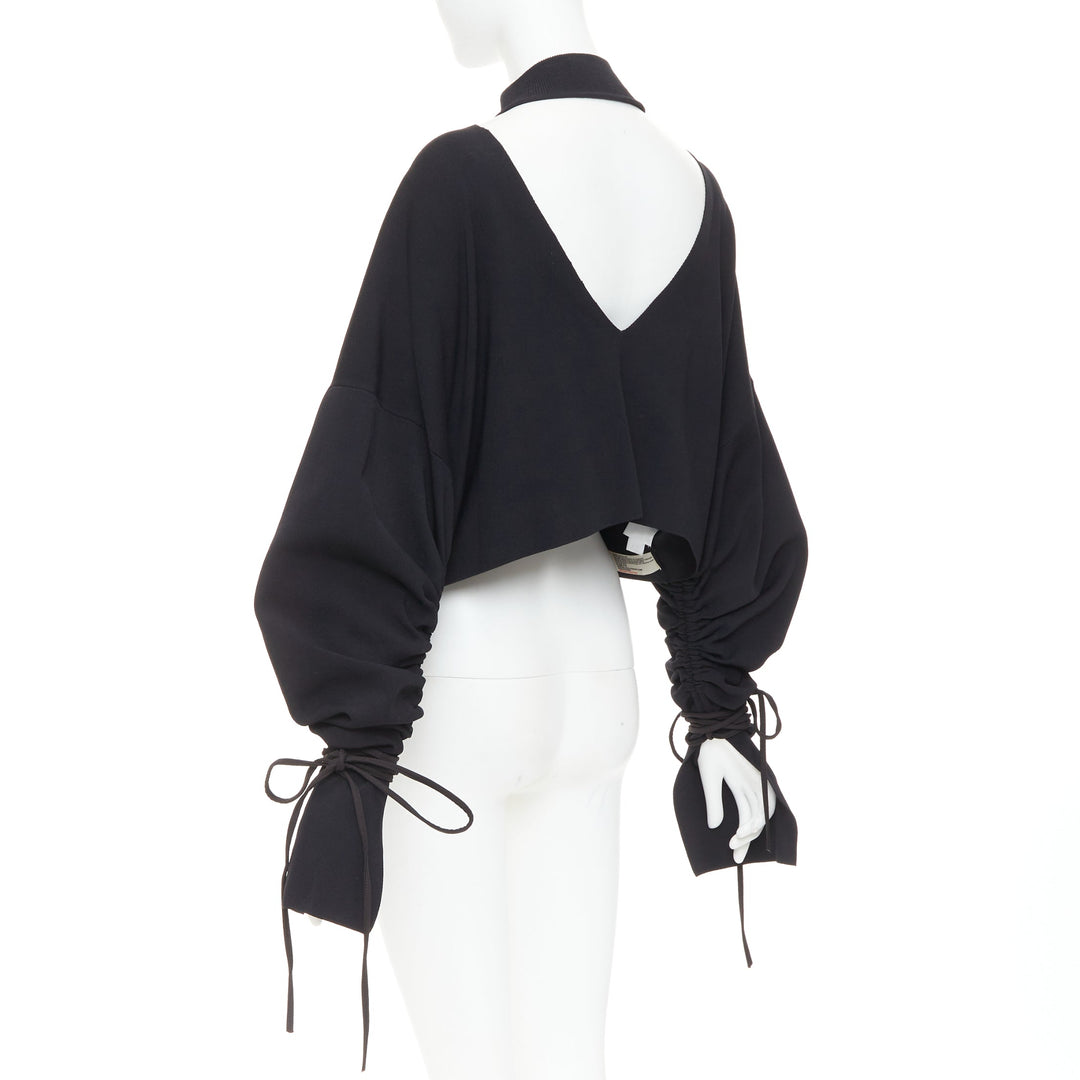 SOLACE LONDON Samara black viscose blend ruched sleeves cropped pullover UK8 S