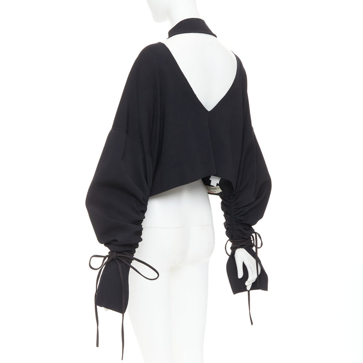 SOLACE LONDON Samara black viscose blend ruched sleeves cropped pullover UK8 S