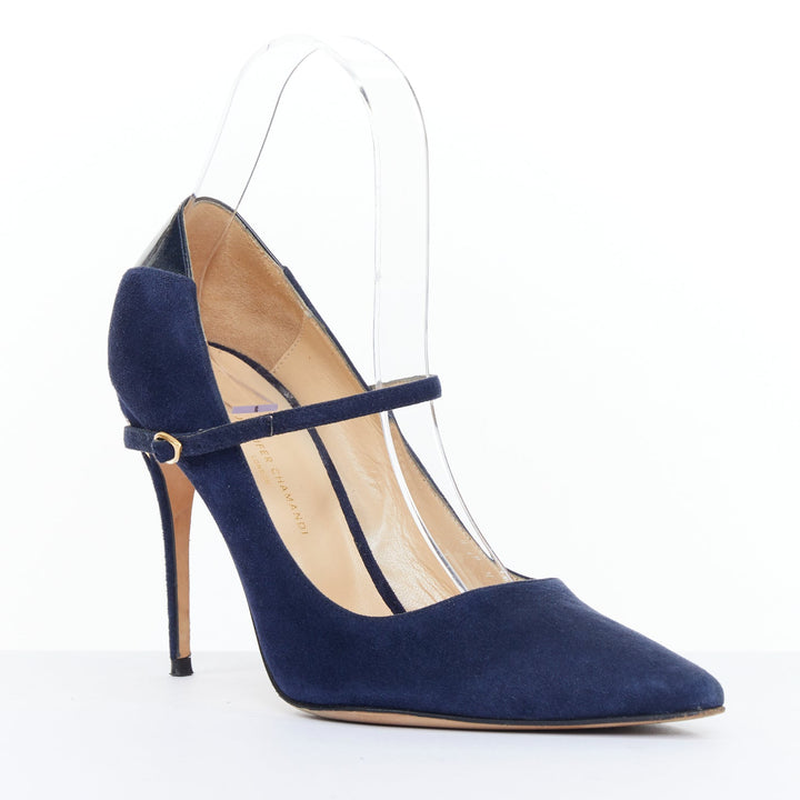 JENNIFER CHAMANDI Lorenzo 105 navy blue suede eye of needle stiletto pump EU36.5
