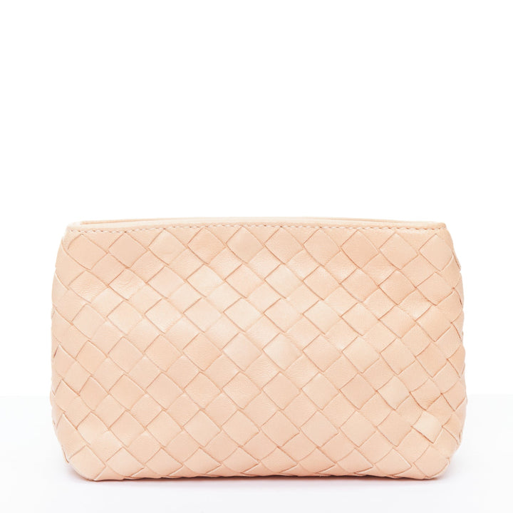 BOTTEGA VENETA light nude intrecciato leather woven zip pouch