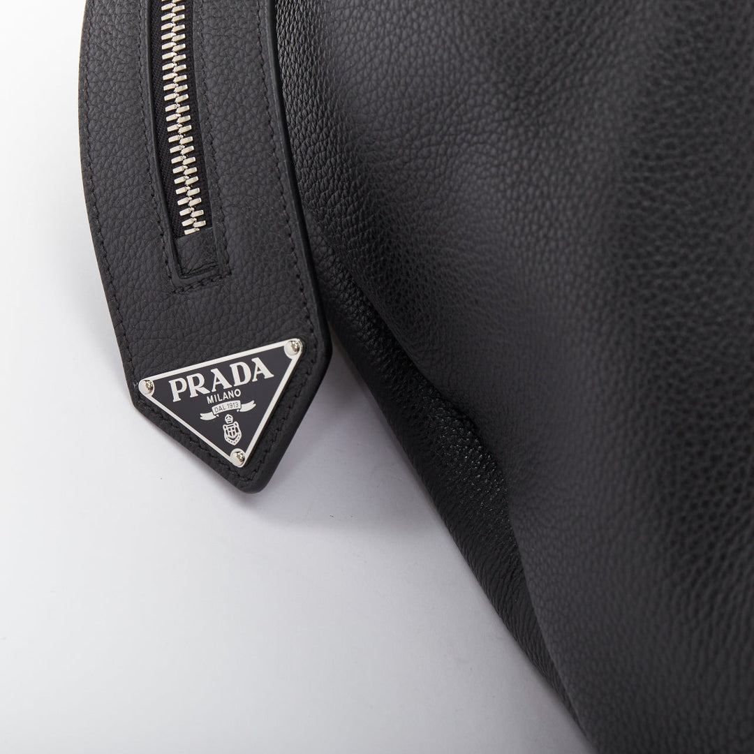 PRADA Vitello Daino metal logo black pebbled calfskin travel weekender tote bag