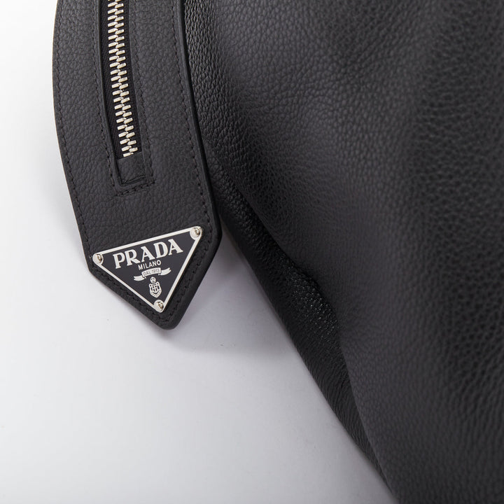 PRADA Vitello Daino metal logo black pebbled calfskin travel weekender tote bag