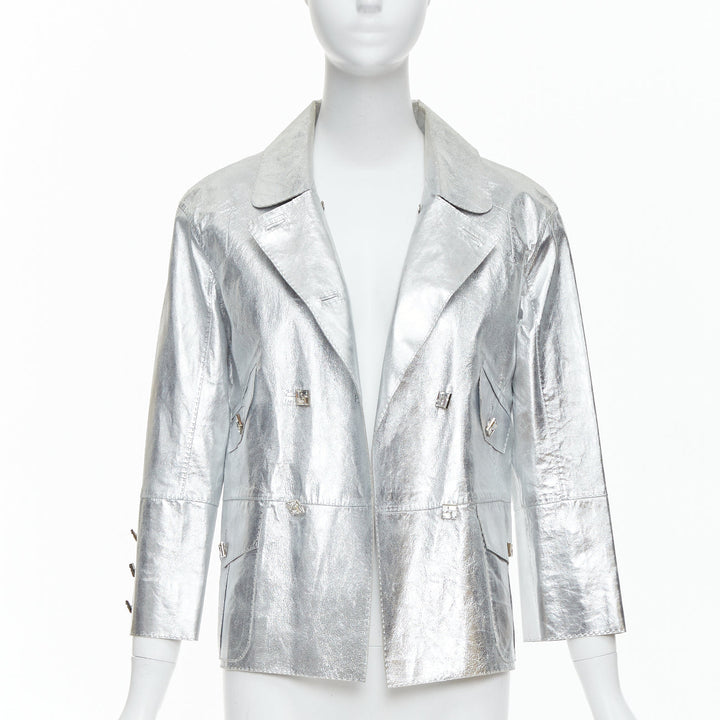 LOUIS VUITTON Marc Jacobs metallic silver leather crystal button jacket FR36 S