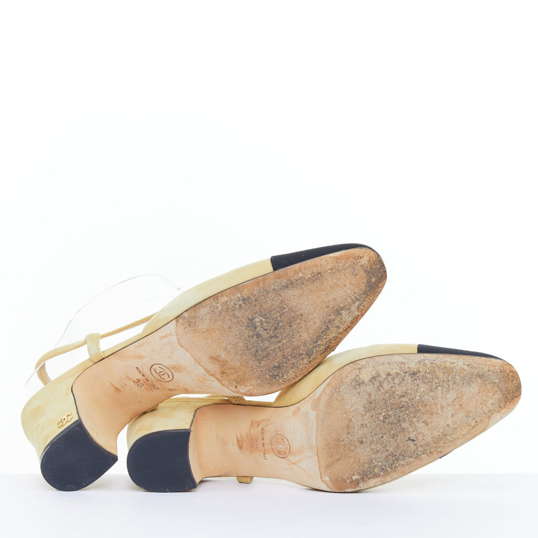 CHANEL Runway beige suede black grosgrain cap toe slip on slingback pumps EU38