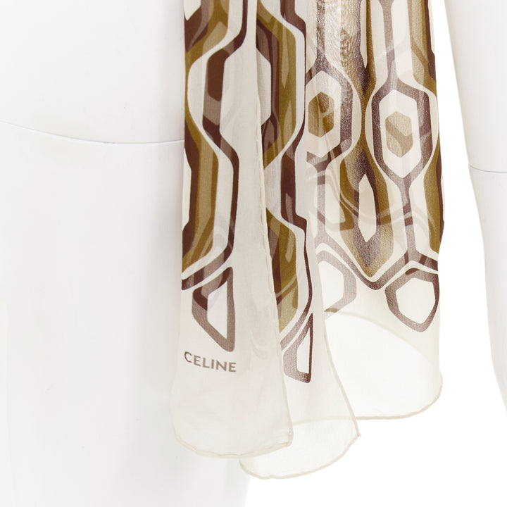 CELINE 2019 Hedi Slimane 100% silk olive brown retro 70s honeycomb scarf