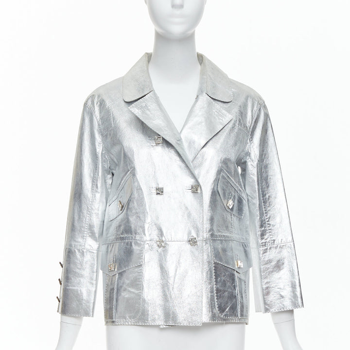 LOUIS VUITTON Marc Jacobs metallic silver leather crystal button jacket FR36 S